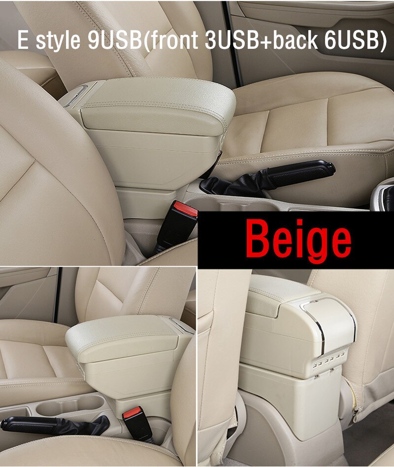 For Ford Fiesta armrest box central Store Centre Console box with cup holder: E  Beige 9 USB