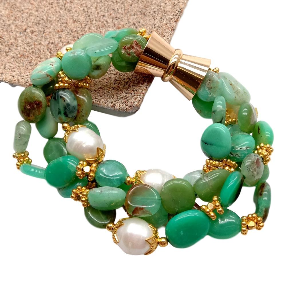 Y · Ying Natuurlijke 4 Strengen Groen Chrysopraas Nugget Gekweekte Witte Rijst Parel Armband 8.5 ''Voor Vrouwen