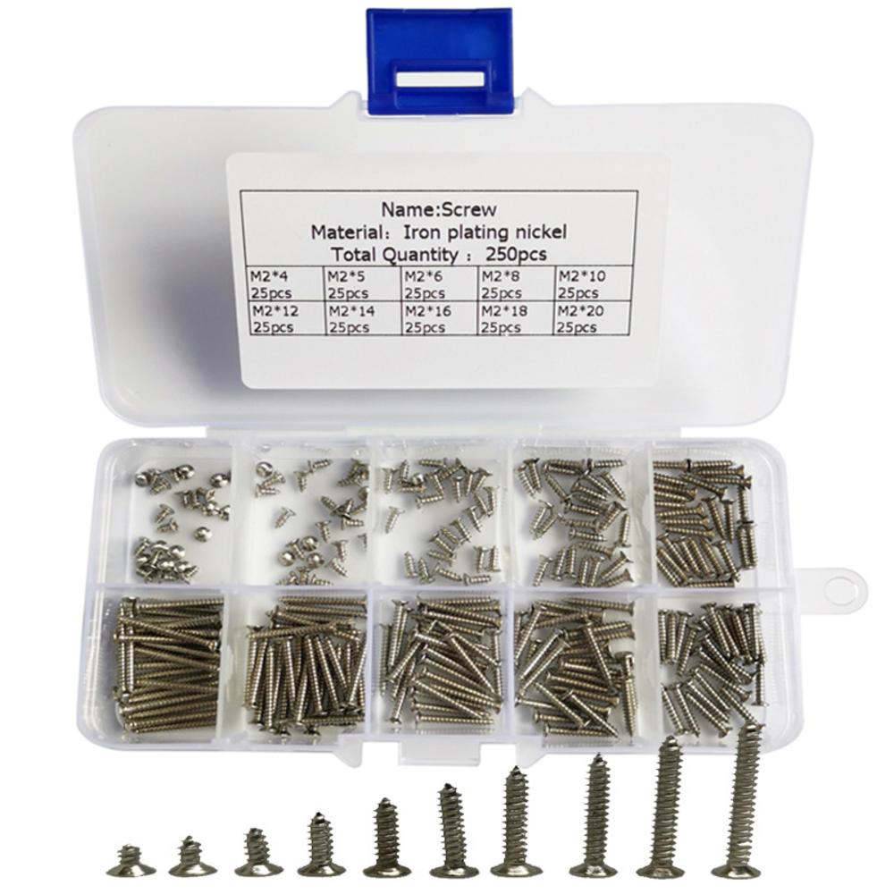 250Pcs M2 Stainless Steel Self Tapping Wood Screw Assortment Kit Lock Nut Wood Flat Head Thread Nail Screws Fastener Sets