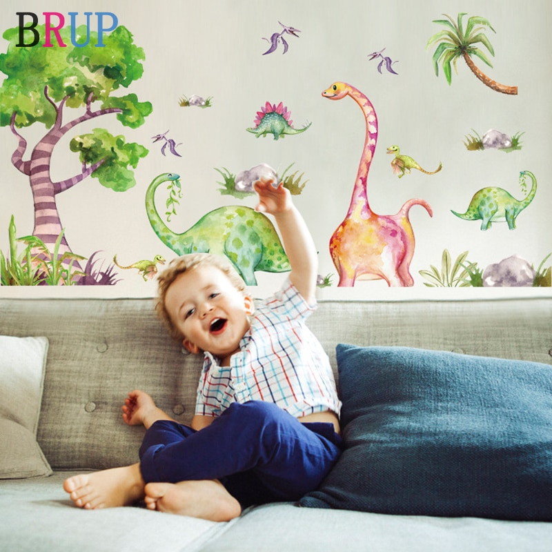 Cartoon Vriendelijke Dinosaurussen Muurstickers voor Kinderkamer PVC Vinyl Aquarel Dieren Art Home Decor Kinderen Stikers Muraux