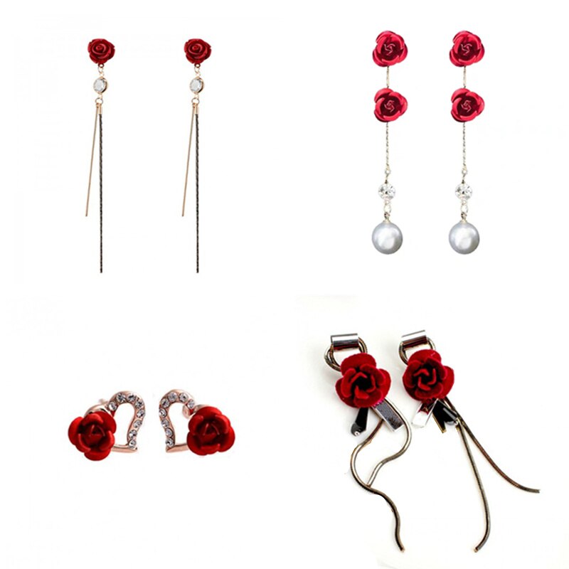 Rode Roos Oorbellen Strass Bloem Oorbellen Herfst En Winter Wilde Lange Tassel Earring Voor Vrouwen Bruiloft Sieraden Accessoires