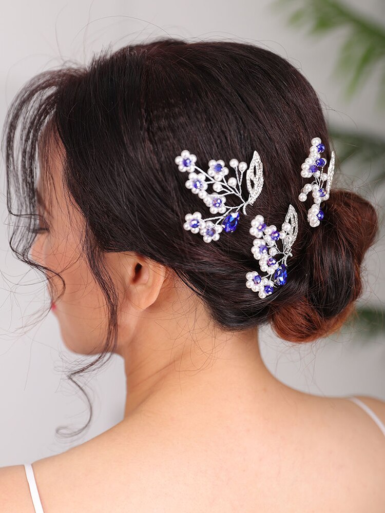 Pasador de pelo azul Vintage para mujer, joyería con cabeza de flor, peinados de novia para , joyas, accesorios para el cabello de boda para mujer