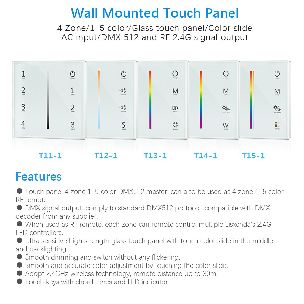 Wall Mounted Touch Panel 2.4G Wireless DMX512 Master RF Dimmer Controller 4 zone Control Dim/CCT/RGB/RGBW/RGBCCT LED Strip Light