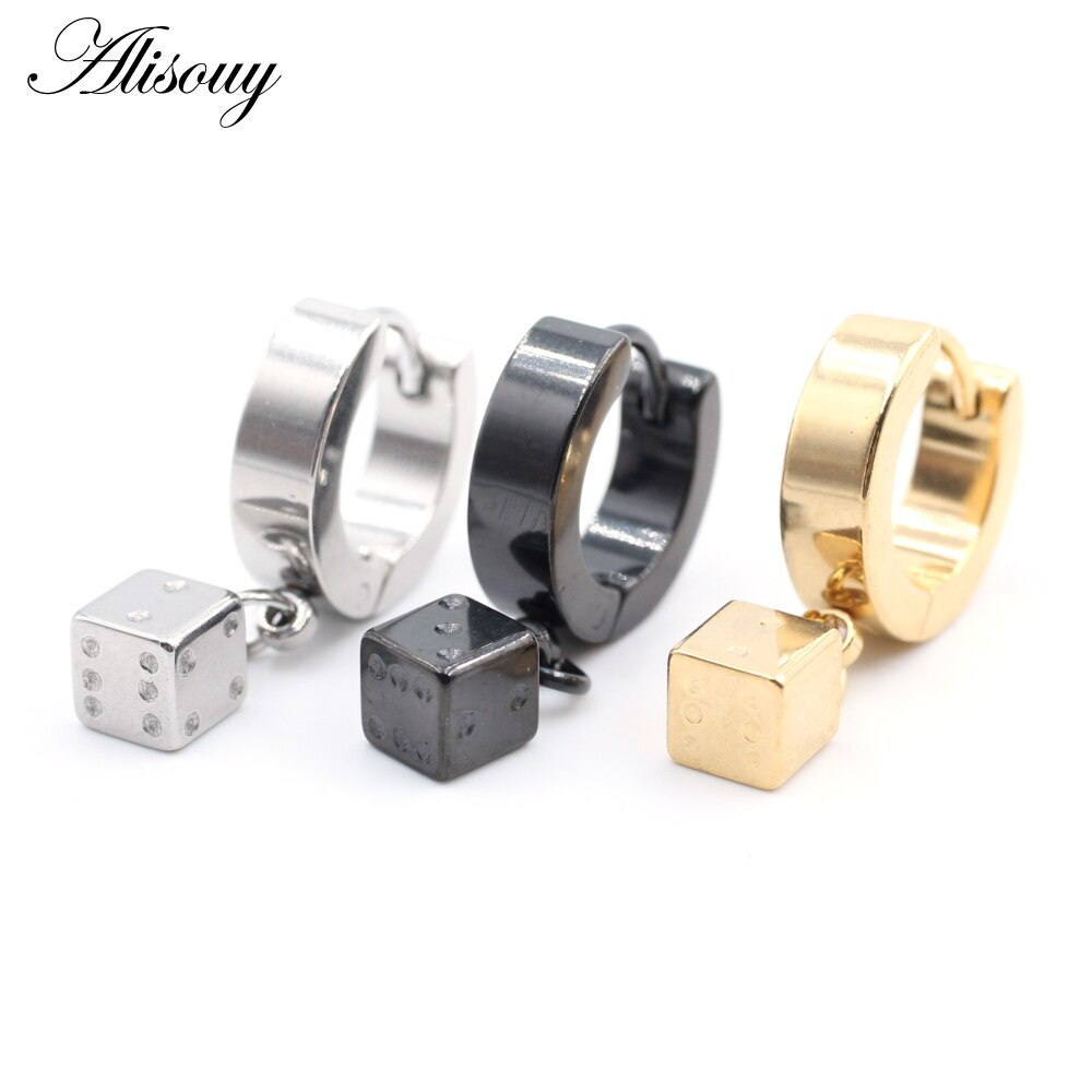 Alisouy 2 Stuks Punk Rvs Stud Huggie Hoop Oorbellen Voor Vrouwen Mannen Cube Vierkante Dice Dangle Oorbellen Hiphop Goth oorbellen