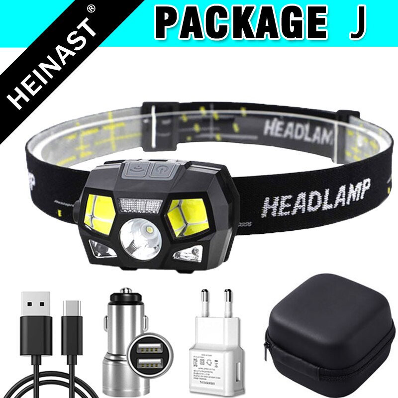 COB LED Headlamp USB Rechargeable Head Lamp with Built-in Battery Motion Sensor Inductive Headlight Multi-Mode Camping Light: J Packing