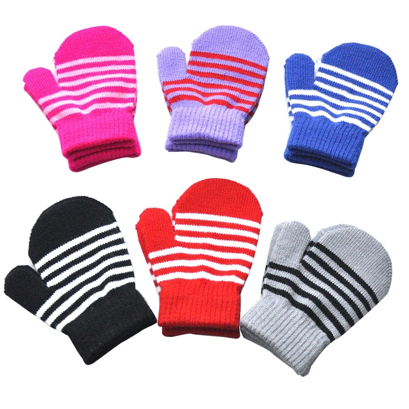 Mitones cálidos de invierno para niños de 1 a 5 años, guantes suaves de lana de punto, a rayas finas, para jugar al aire libre, a prueba de viento
