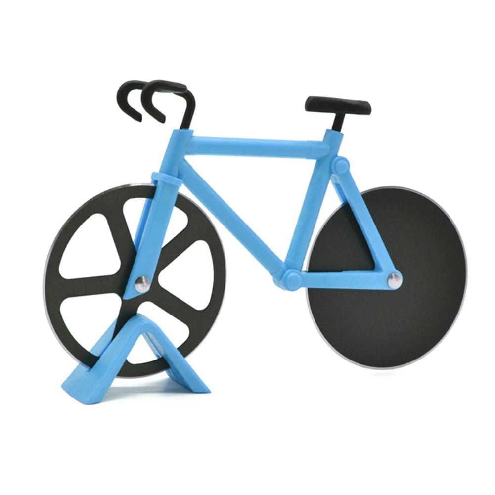 Cortador de Pizza con forma de bicicleta, cuchillo antiadherente de dos ruedas para cortar Pizza con soporte, herramienta de Pizza de acero inoxidable, suministros de cocina: Blue