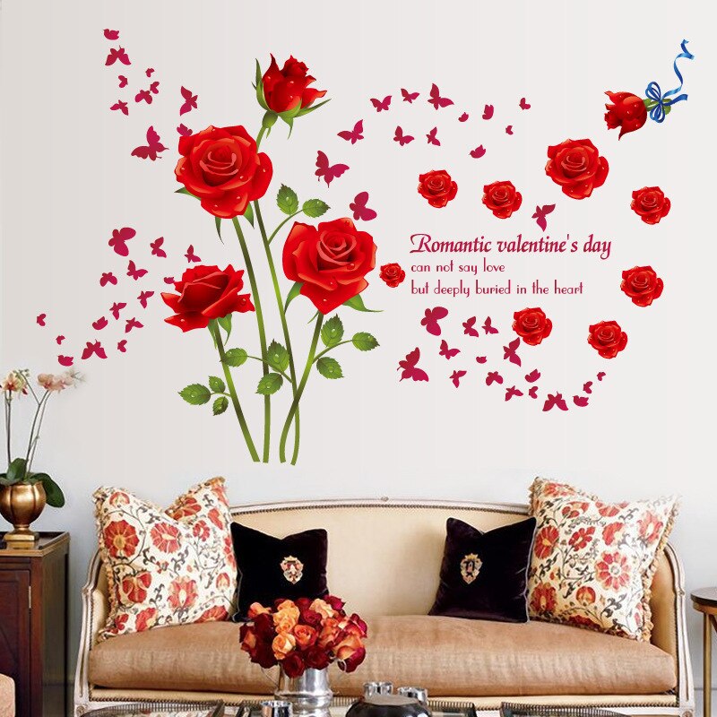 Vlinder Rode Roos Bloemen Muursticker Interieur Decals Vinyl 3D Behang Romantische Meisjes Trouwzaal Woonkamer Decoratie