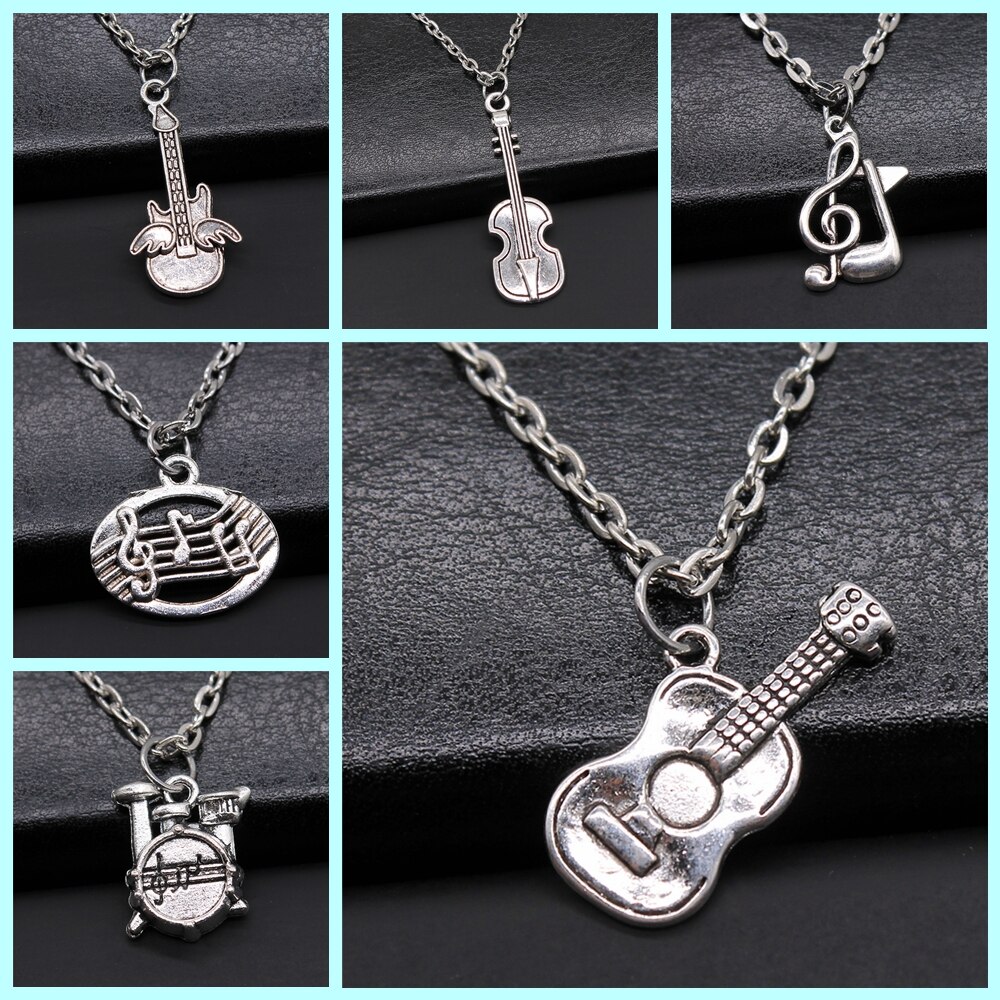 Musical Jewelry For Women Men Girl Boys Musical Note Microphone Drum Guitar Violin Pendant Necklace Antique Silver Color