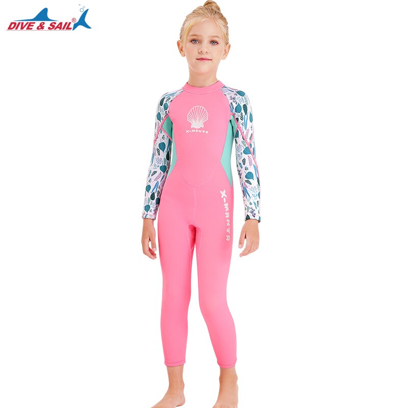 Dykke&sejl 2.5mm piger neopren våddragt børn langærmet en enkelt våddragt scuba snorkel dykker dragt surfing strandtøj badesæt: Lyserød / Xxl (139-145cm)