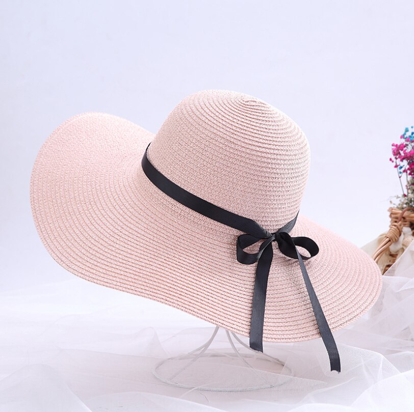 GOUTER-chapeau d'été résistant au soleil pour femmes, chapeau en paille pliable Portable à large bord, ruban de fête sur la plage, chapeau à nœud papillon: pink