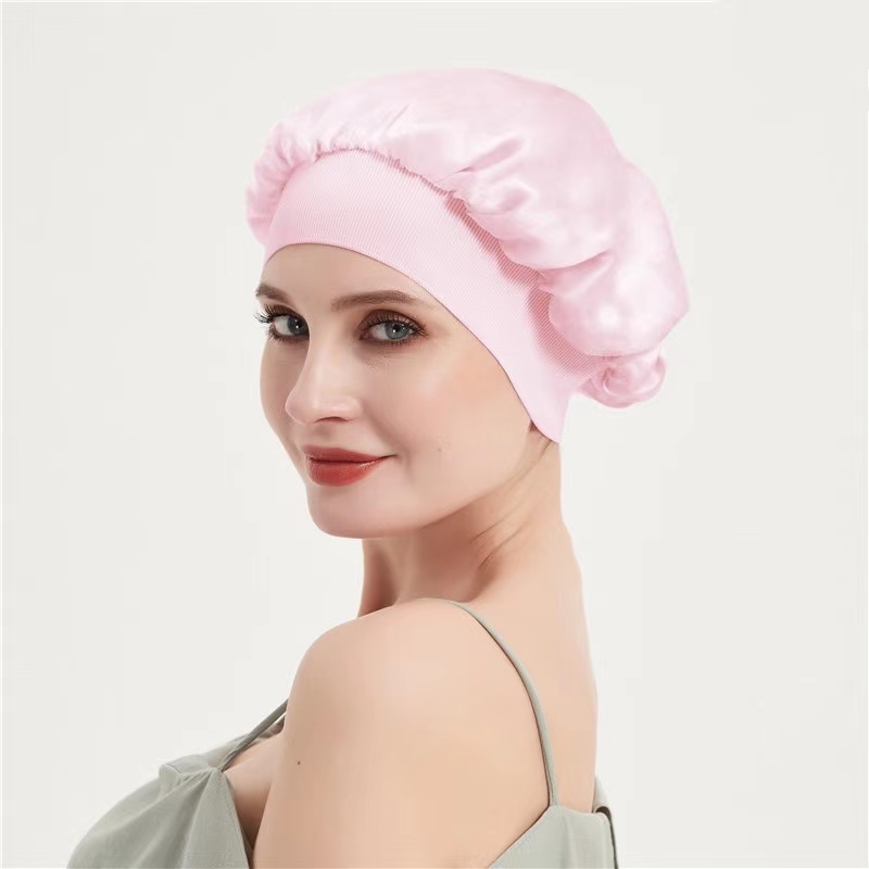 Style 100% Mulberry Silk Night Sleep Cap Elastic Women Shower Caps Big Bonnet For Lady Sleep Cap 19 Momme: Pink