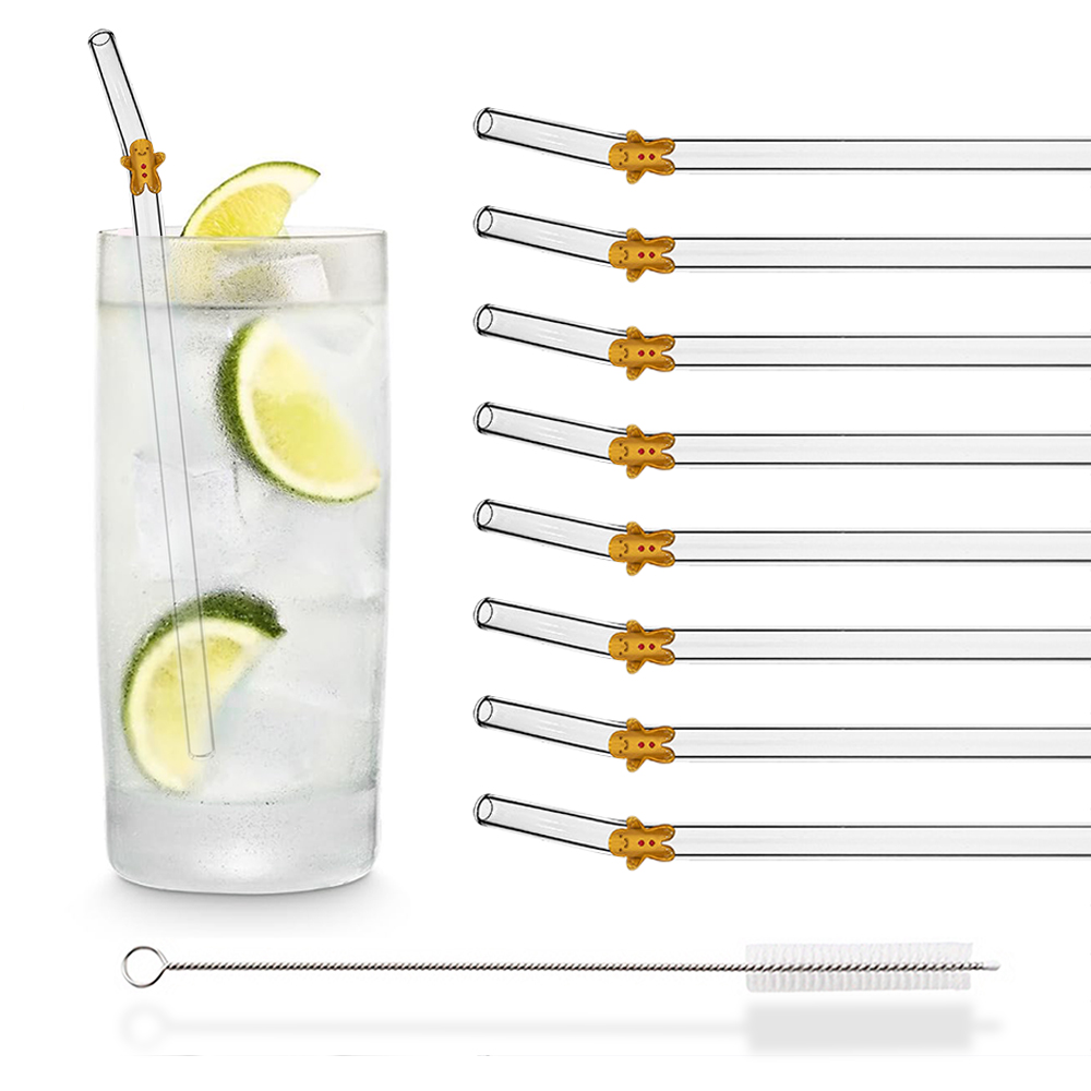 8 szt. Świąteczne Szklane Słomki robić Mleka, Herbaty, Soków, Koktajli z Szczoteczką, Zestaw Szklanych Słomek z Wysokiej Jakości Szkła Borokrzemowego, Akcesoria Kuchenne i Barowe: Ciemnoniebieski