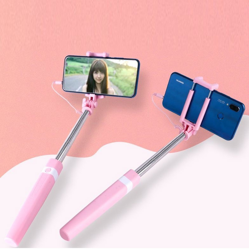 Mini palo de Selfie controlado por cable rosa/azul/negro adecuado para Android 3,5mm enchufe palo de Selfie contracción 18cm estiramiento 72cm