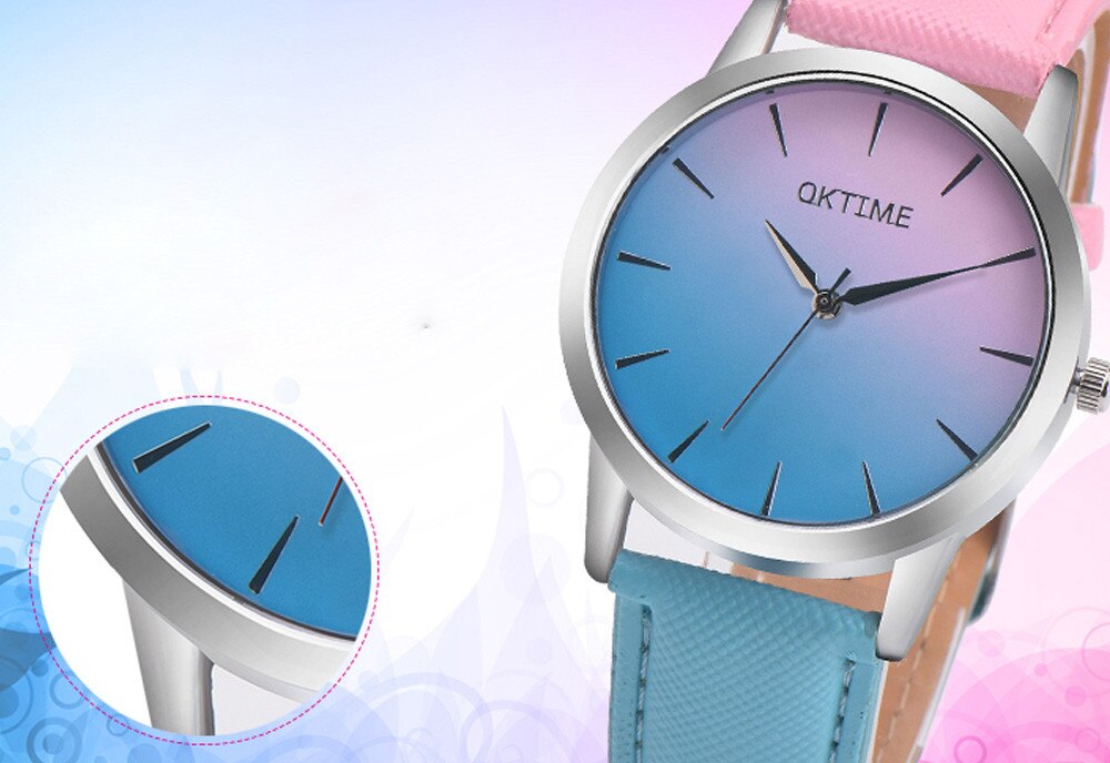 Femmes montre dégradé couleur coloré rétro arc-en-ciel Bracelet en cuir analogique alliage Quartz montre-Bracelet Bracelet montre YE1