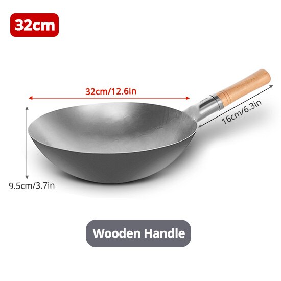 Traditionel håndlavet 100%  jern wok fortykning ikke belagt rund bund pan wok kog stor kogepande træ håndtag låg: Hvid