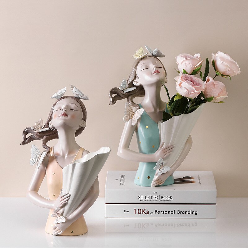 Vase de fleurs artificielles modernes, sculpture de papillon fille, ornements en résine pour la maison, Vases de décoration de maison chauds