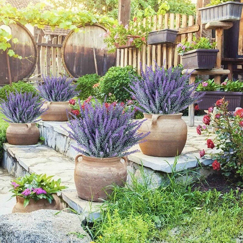 Artificial Lavender Faux Plastic Purple Flowers for Home Wedding Kitchen Garden Patio Office Table Outdoor Decor