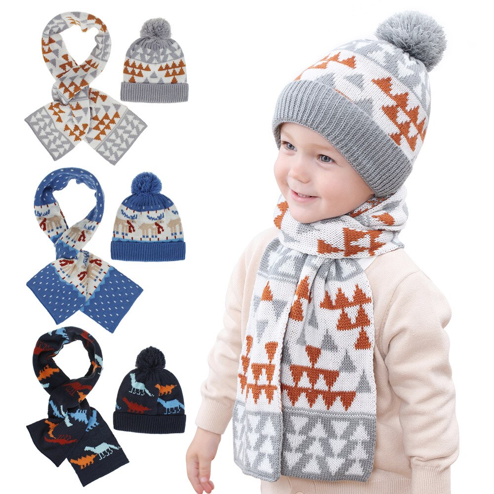 Europa amerika herfst winter baby kerstmis cartoon patroon warm jongens meisjes kindermuts en sjaal 2pc sets
