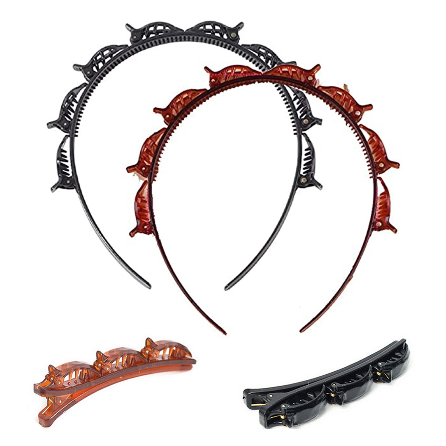 2Stck Doppel Pony Frisur Haarnadel Twist Zopf Haarband Stirnband Haar Band Band + 2Stck Haarspangen für Frauen Mädchen Schwarz: J Stil
