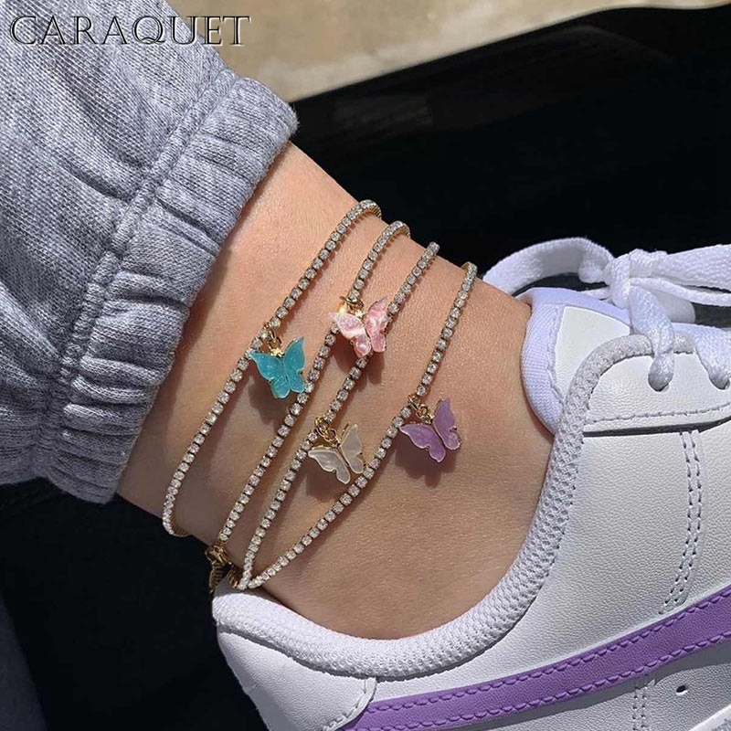 Caraquet moda acrílico borboleta tornozeleira strass tênis corrente do pé feminino verão praia anklet descalço corrente jóias