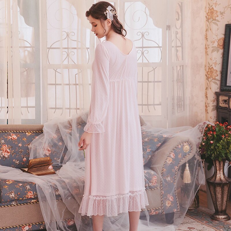 Romantic Nightgown Woman Autumn Lace Long Dress Sleepwear Woman Long Sleeve Nightgowns Night Gown