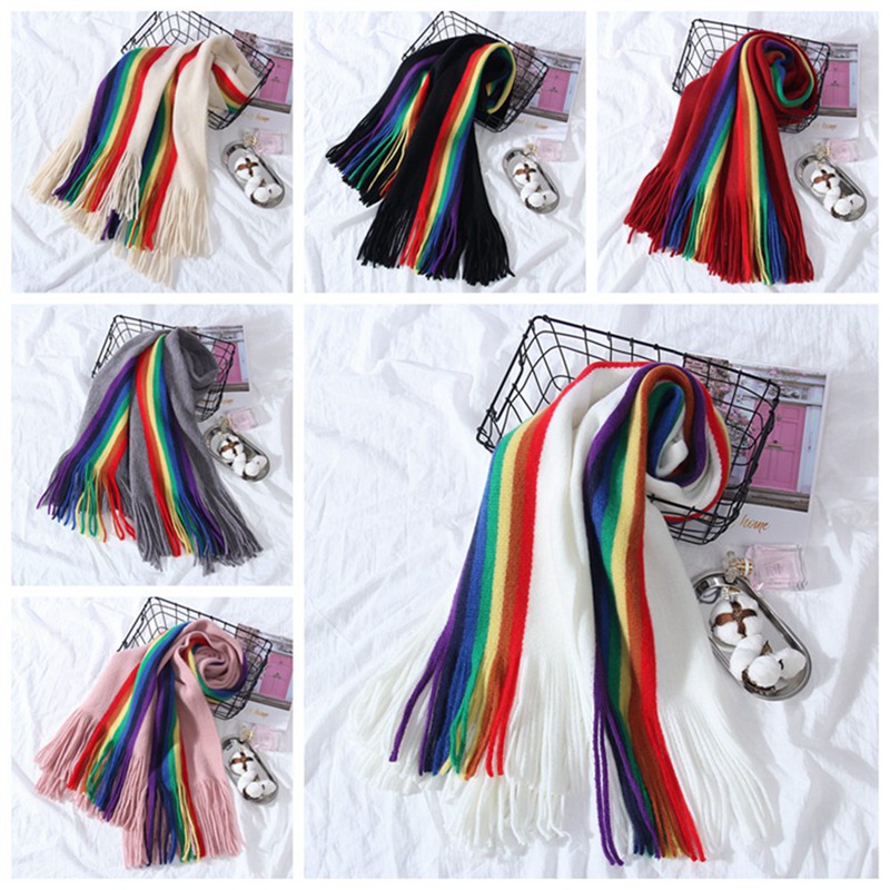 Chal bufanda de gran tamaño a rayas LGBT arco iris para mujer con borlas envolturas de Manta abrigadas de invierno 190*40cm