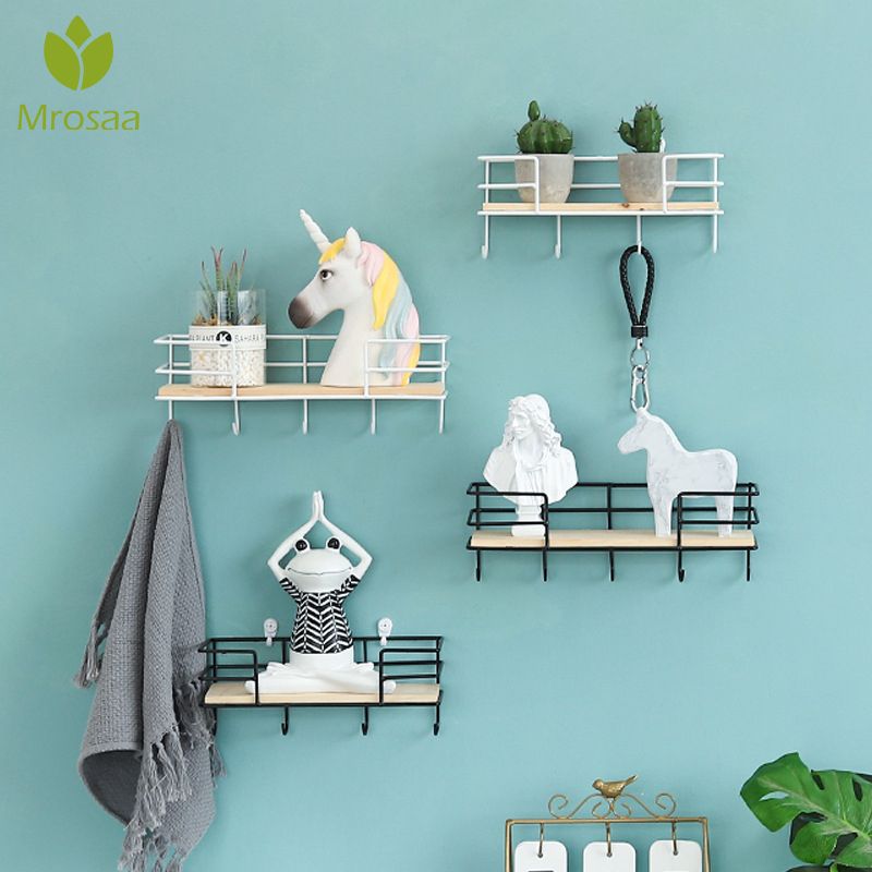 Estante de pared de Metal con ganchos estante de pared para almacenar en madera estante de almacenamiento artesanal de hierro soporte de decoración de pared estantes de pared decorativos
