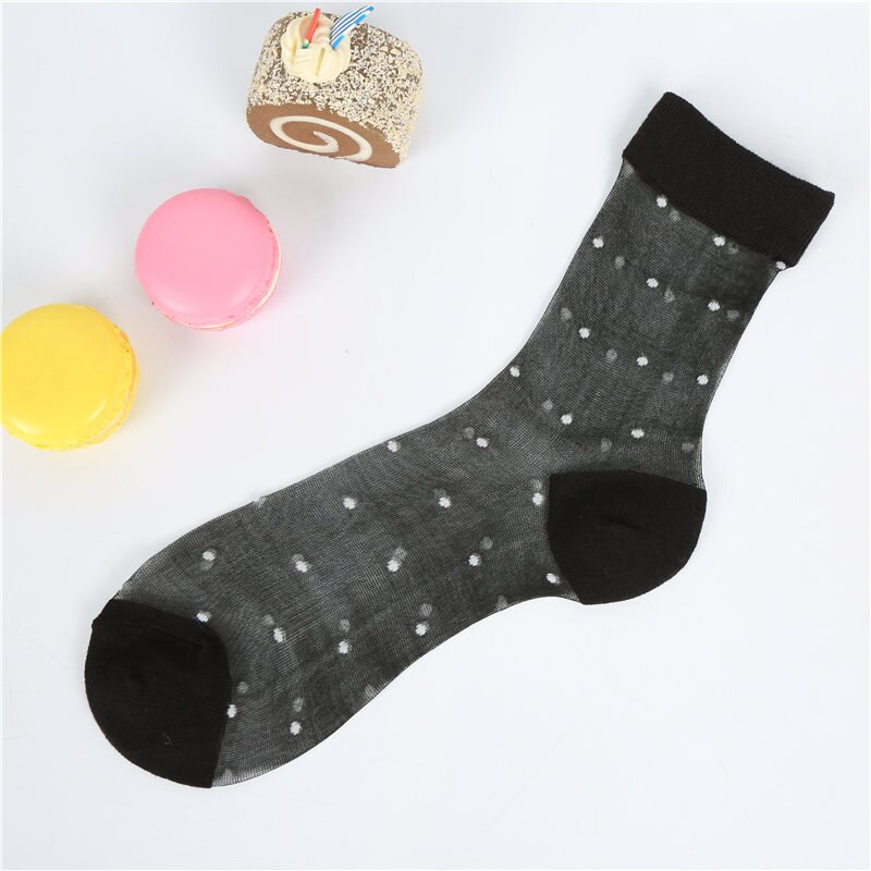 [EIOISAPRA]Spring Summer Transparent Casual Heap Heap Socks Women Japanese Vintage Glass Silk Dot Thin Colorful Short Socks: Black