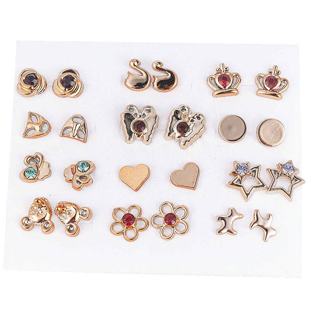 12~36 Pairs Women Girls Resin Plastic Crystal Diamante Flower Stud Earrings Set Random Style Gold Color Jewelry