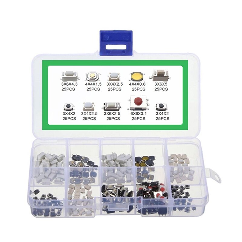 250PCS 10 Types Tactile Push Button Touch Switch Remote Keys Button Microswitch