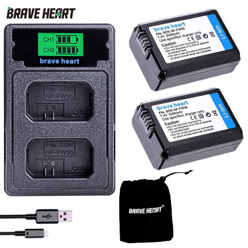 4Pcs 2000mAh NP-FW50 NP FW50 Battery + LED USB Dual Charger for Sony Alpha a6500 a6300 a7 7R a7R a7R II a7II NEX-3 NEX-3N NEX-5: charger and 2battery