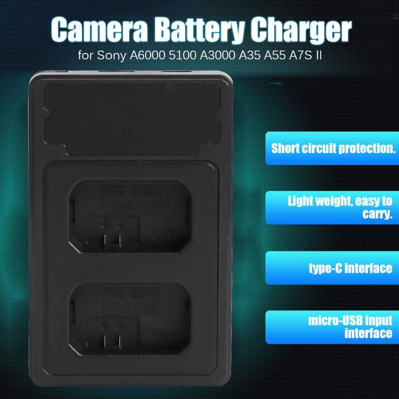 NP-FW50 Camera Battery Charger for Sony A6000 5100 A3000 A35 A55 A7S II Dual Ports Fast Charging Dock for Sony Camera Batteries