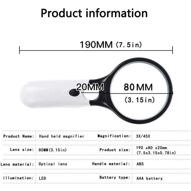 3X 45X Illuminated Magnifier Handheld Reading Magnifying Glass Loupe Magnifier Duel Lens With 3 LED Light Jewelry Repair Tool