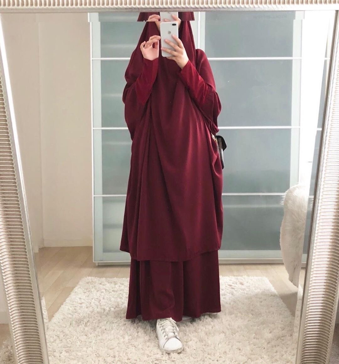 Ramadan eid abaya dubai abayas för kvinnor turkiet muslimsk hijab klänning islam bönekläder kaftan kaftan mantel khimar jilbab niqab: Vinröd abaya