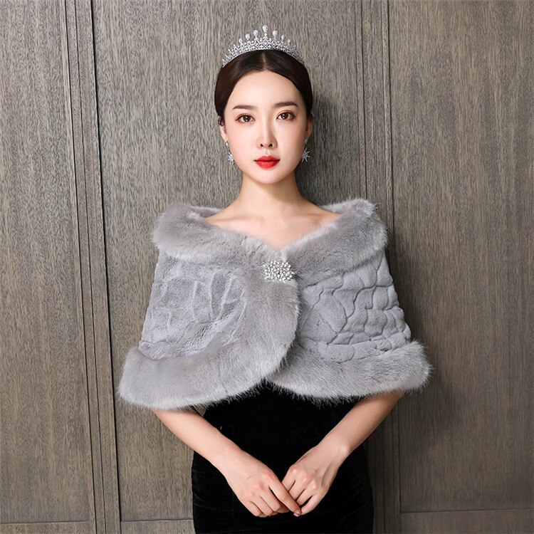 JaneVini Gray Fur Bridal Cape Women Bolero Femme Winter Wedding Dress Shrugs Shoulder Wraps Bride Faux Fur Shawls Stoles: Gray 2