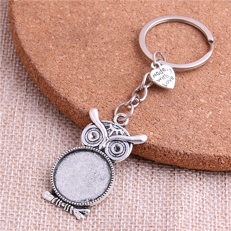 5pcs/lot Metal Key chain round owl Cabochon Setting DIY Vintage Handmade Key Chain Jewelry Making Y1004