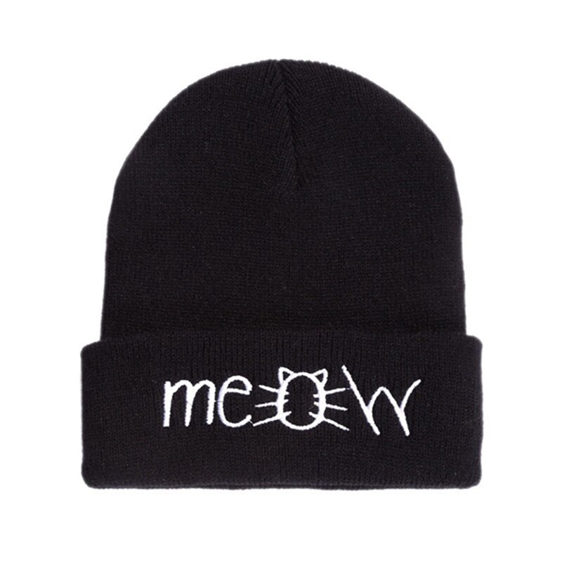 1pc Winter Autumn Hat Wool Cap Boys Beanie Winter Knit Skull Hat Girls Boys Meow Letter Children Kids Hat Cap: Black A
