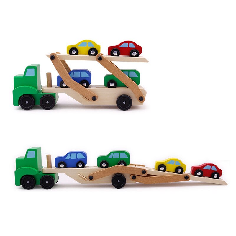 Nuovi giocattoli per ragazzi in legno Double Transporter Drag Toy Model + Four Car Model Toys regali divertenti per bambini