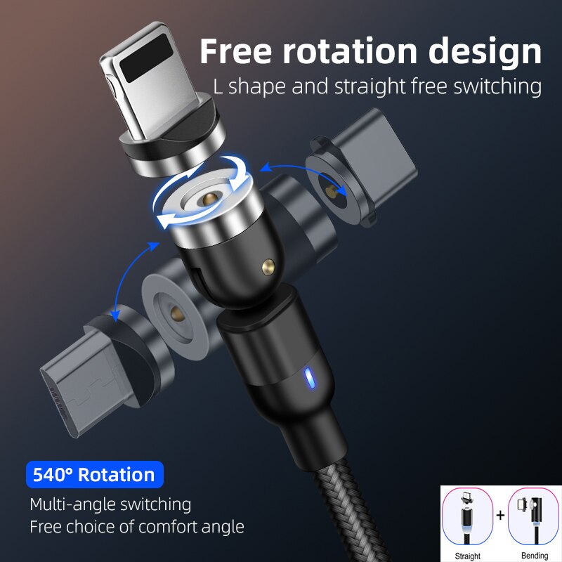 1m Magnetic Cable 540 Degree Rotate Micro USB Type C Cable Magnetic Fast Charging Cable For iPhone 11 Pro Max Huawei