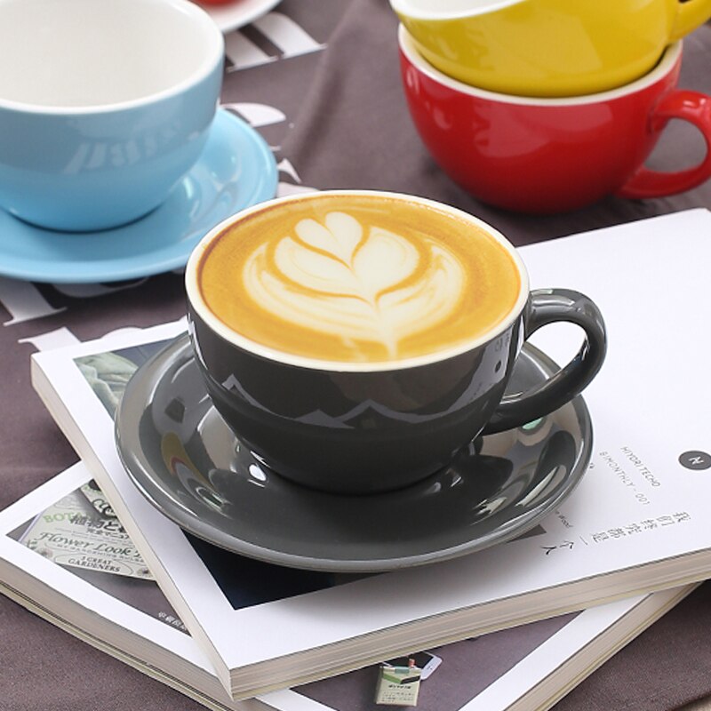 Taza de café artística Latte de boca ancha Macaron de 300ml con platillo, juego de tazas de café de cerámica esmaltada de colores gruesos europeos,