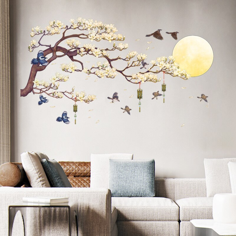 Grote Chinese Stijl Magnolia Boom Muurstickers Thuis Woonkamer Sofa Zelfklevende Behang Slaapkamer Decoratieve Kunst Decals