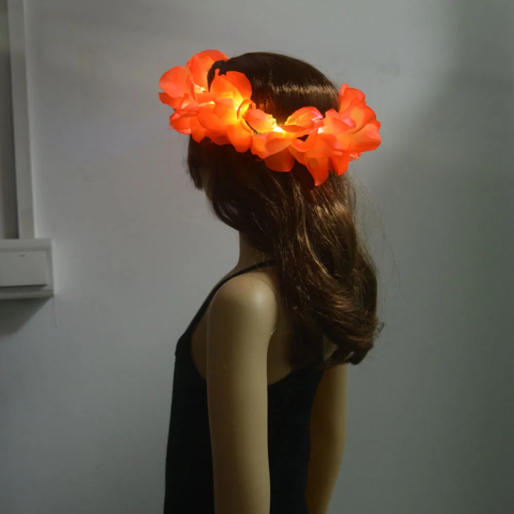 Women Girl Glow Party LED Hawaiian Lei Headband Light Up Flower Ribbon Crown Birthday Wedding Festival: Brown