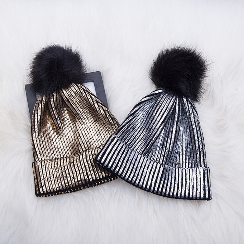Kvinner jenter vinter varm metallisk skinnende strikket heklet lue med pom pom