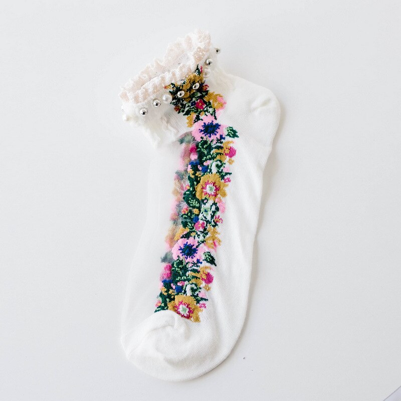Spring Summer Retro Ankle Socks Pearl LIttle Floral Sock Mesh Patchwork Breathable Cotton Scck Cute Soft National style Hosiery: White