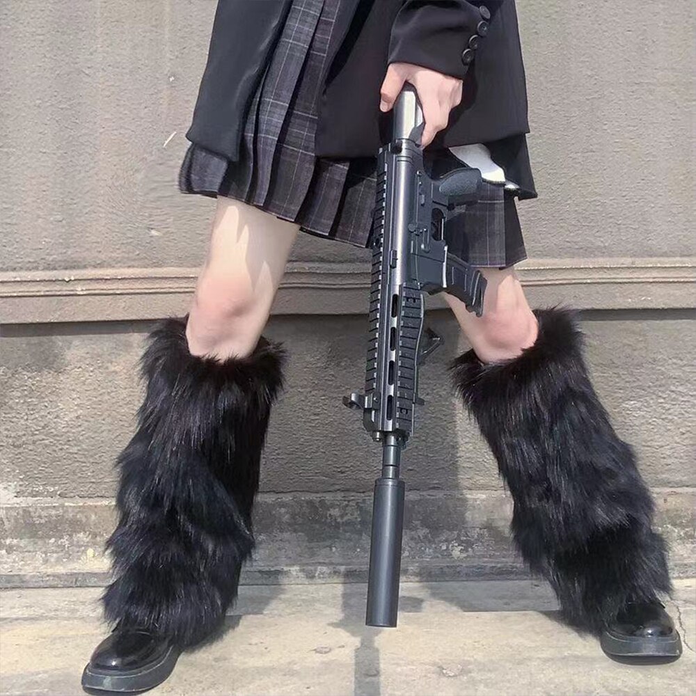 Calentadores de piernas peludos rosas Y2K Punk gótico calentadores de piernas de piel sintética cubiertas de botas señora lindo Jk hasta la rodilla Hipster calcetín cálido calcetines de: Fucsia