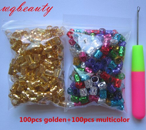 200Pcs/Lot hair braid dread dreadlock beads diy adjustable cuffs clips for women men hair accessories+ 1pcs free crochet needle: golden multicolor
