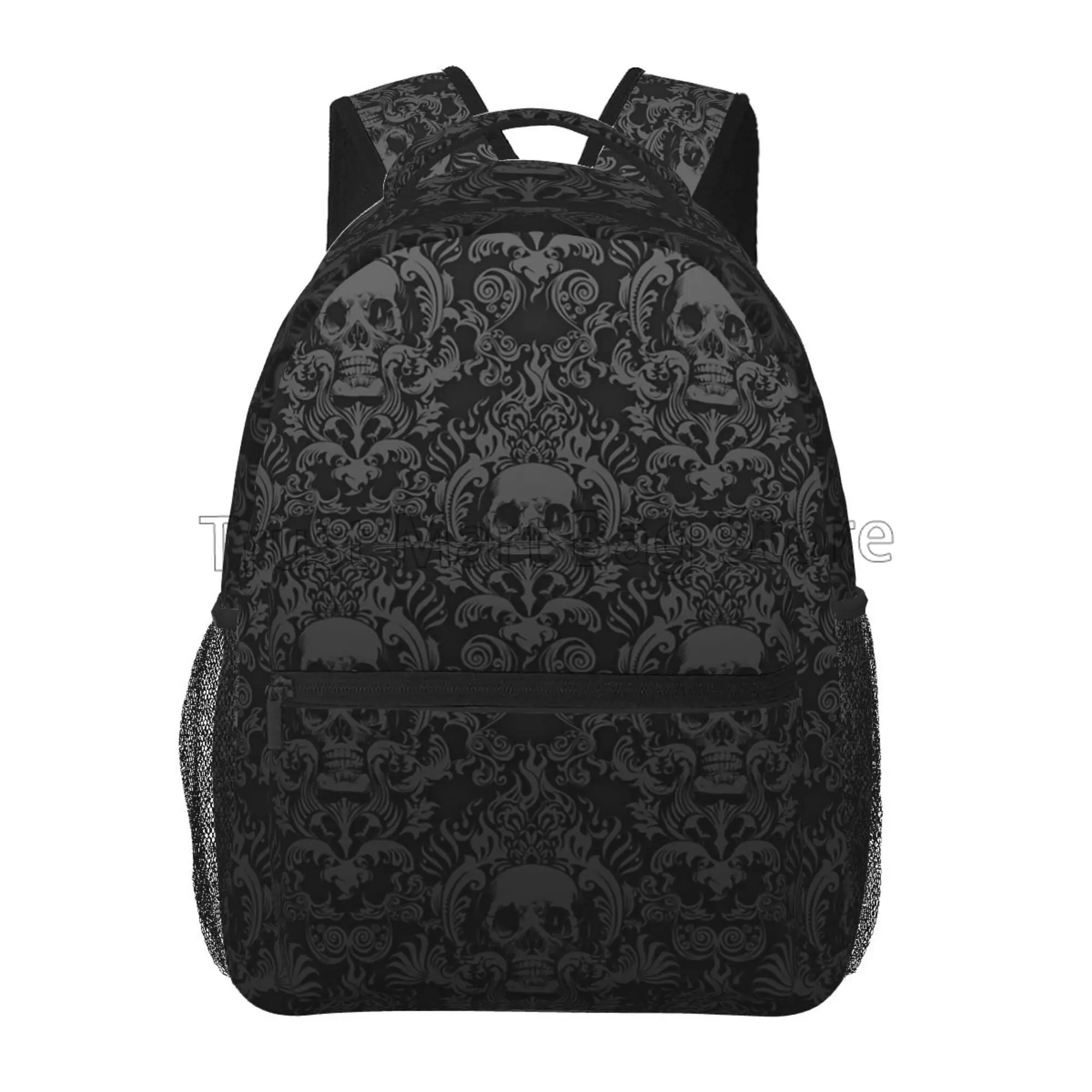 Mochila gótica con de calavera negra de Damasco, mochilas informales Unisex para ordenador portátil, mochila escolar, mochila de viaje para senderismo y acampada: Default Title