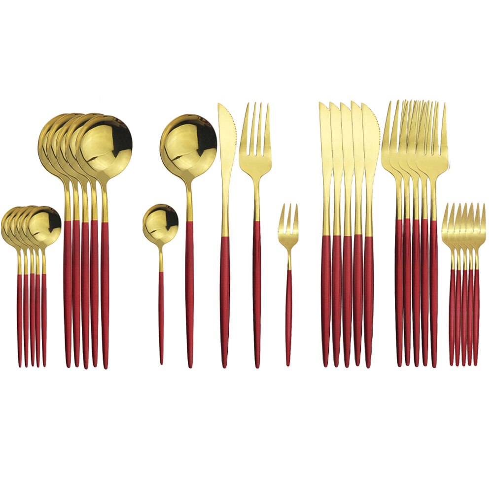 JANKNG – service de vaisselle noire, 30 pièces, fourchette à gâteau aux fruits, couteau en acier inoxydable, argenterie, couverts miroirs, service de table: Red Gold