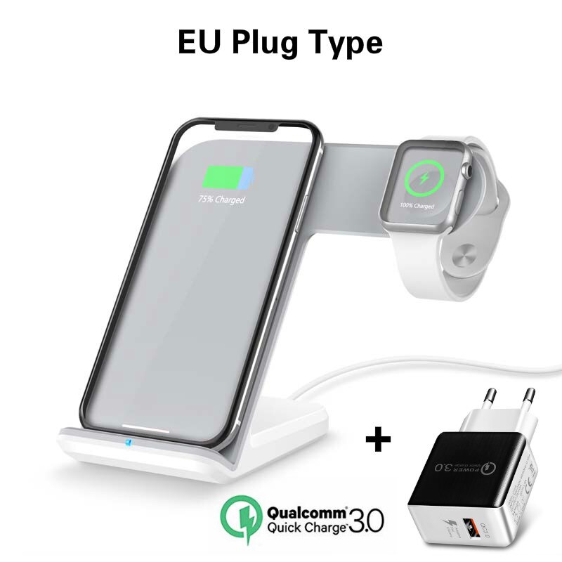 Chargeur sans fil 2 en 1 pour Apple Watch iPhone 11, 11 PRO, 11 MAX PRO, XS MAX, XR, XS, 8 Plus, iPhone et Station de recharge pour montres: White EU